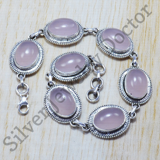 925 Sterling Silver Rose Quartz Gemstone Handmade Jewelry Bracelet SJWBR-86
