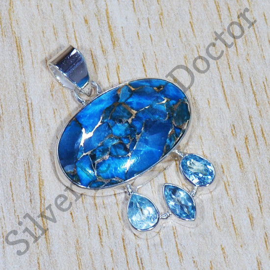 Copper Turquoise And Blue Topaz Gemstone 925 Sterling Silver Jewelry Pendant SJWP-823