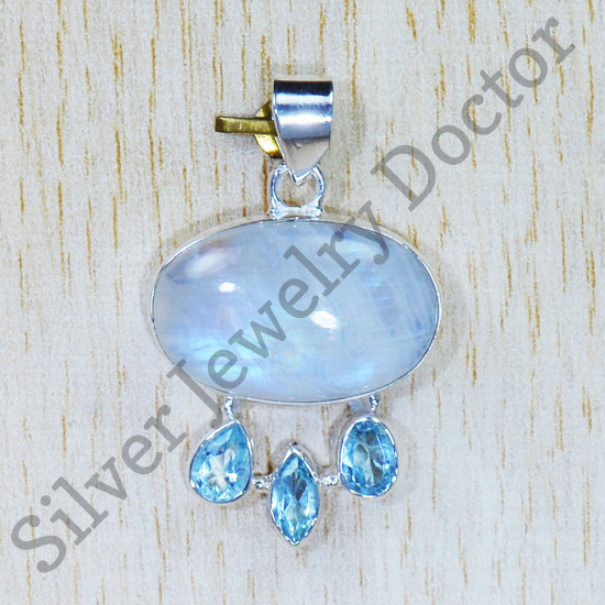 925 Sterling Silver Jewelry Rainbow Moonstone And Blue Topaz Gemstone Pendant SJWP-824