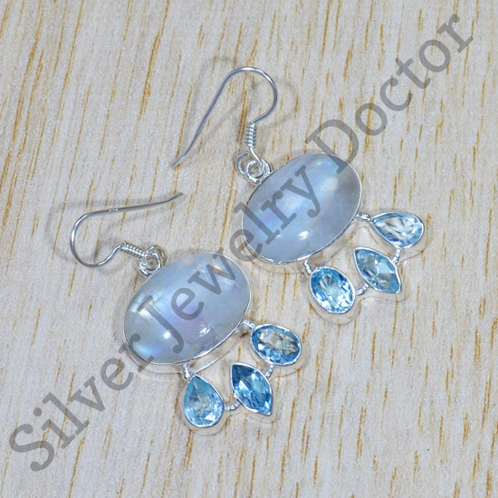 925 Sterling Silver Jewelry Rainbow Moonstone and Blue Topaz Gemstone Earrings SJWE-607