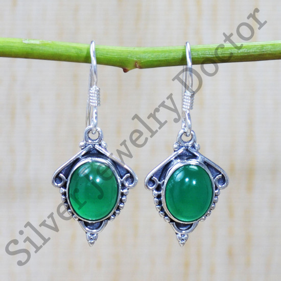 925 Sterling Silver Unique Jewelry Green Onyx Gemstone Earrings SJWE-610