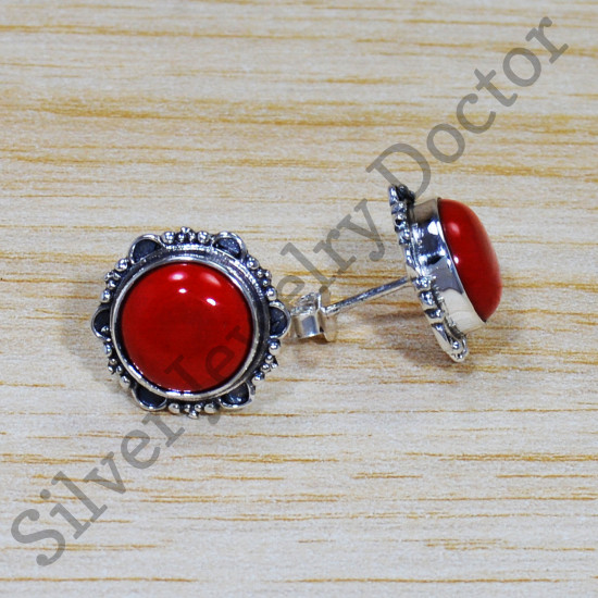 Authentic 925 Sterling Silver Stylish Jewelry Coral Gemstone Stud Earrings SJWES-239