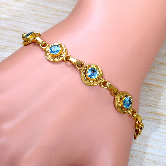 Beautiful Blue Topaz Gemstone Gold Plated 925 Silver Jewellery Bracelet GBR-623