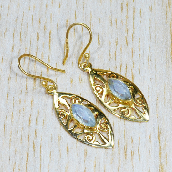 Anniversary Gift Jewelry Rainbow Moonstone Gold Plated Sterling Silver Earrings GE-542