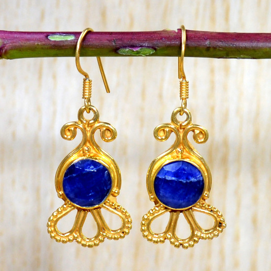 Authentic Gold Plated Sterling Silver Nice Sapphire Gemstone Jewellery Earrings GE-592