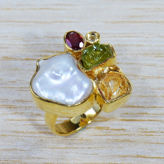 Authentic Pearl And Multi Gemstones Beautiful Gold Plated 925 Silver Jewelry Ring GR-529
