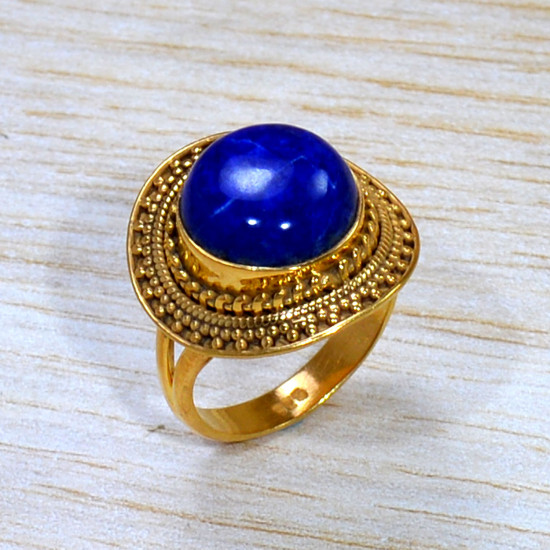 Authentic Gold Plated Sterling Silver Lapis Lazuli Gemstone Jewellery Fine Ring GR-654