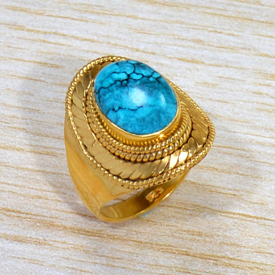 Beautiful Turquoise Gemstone Unique Jewellery Gold Plated Sterling Silver Ring GR-697