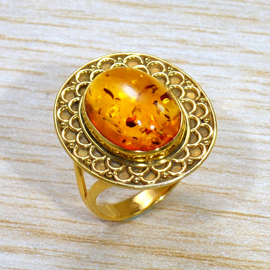 Amber Gemstone Marriage Jewellery Gold Plated Sterling Silver Ring GR-699