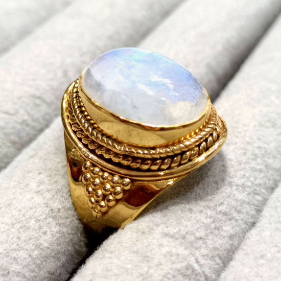 Authentic Gold Plated Sterling Silver Jewelry Rainbow Moonstone Ring GR-784