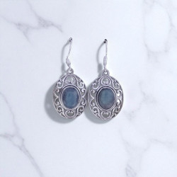 Wholesale 925 Sterling Silver Gemstone Drop Earrings | Vintage Openwork Scrollwork Filigree Medallion Natural Labradorite & Rose Quartz Cabochon Dangle Earrings (MYS E100)
