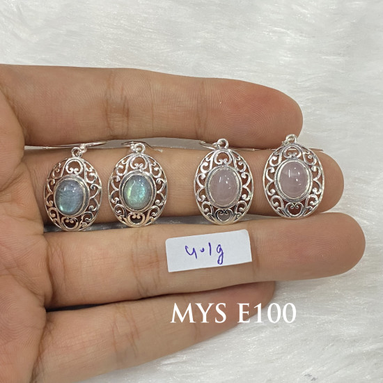 Wholesale 925 Sterling Silver Gemstone Drop Earrings | Vintage Openwork Scrollwork Filigree Medallion Natural Labradorite & Rose Quartz Cabochon Dangle Earrings (MYS E100) Wholesale 925 Sterling Silver Gemstone Drop Earrings | Vintage Openwork Scrollwork Filigree Medallion Natural Labradorite & Rose Quartz Cabochon Dangle Earrings (MYS E100)