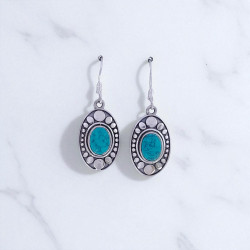 Wholesale 925 Sterling Silver Gemstone Drop Earrings | Vintage Oxidized Oval Hammered Disc & Beaded Halo Border Natural Amethyst & Turquoise Cabochon Dangle Earrings (MYS E101)
