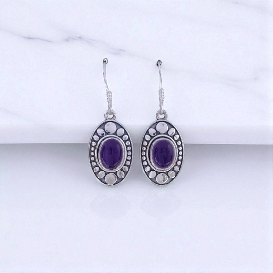 Wholesale 925 Sterling Silver Gemstone Drop Earrings | Vintage Oxidized Oval Hammered Disc & Beaded Halo Border Natural Amethyst & Turquoise Cabochon Dangle Earrings (MYS E101) Wholesale 925 Sterling Silver Gemstone Drop Earrings | Vintage Oxidized Oval Hammered Disc & Beaded Halo Border Natural Amethyst & Turquoise Cabochon Dangle Earrings (MYS E101)