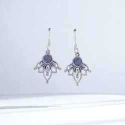 Wholesale 925 Sterling Silver Gemstone Drop Earrings | Bohemian Lotus Flower Petal Openwork Natural Rose Quartz & Labradorite Dangle Earrings (MYS E86)