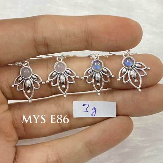 Wholesale 925 Sterling Silver Gemstone Drop Earrings | Bohemian Lotus Flower Petal Openwork Natural Rose Quartz & Labradorite Dangle Earrings (MYS E86) Wholesale 925 Sterling Silver Gemstone Drop Earrings | Bohemian Lotus Flower Petal Openwork Natural Rose Quartz & Labradorite Dangle Earrings (MYS E86)