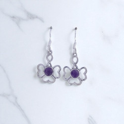 925 Sterling Silver Gemstone Drop Earrings | Openwork Four-Petal Floral Flower Clover Natural Amethyst & Rainbow Moonstone Dangle Earrings (MYS E87)