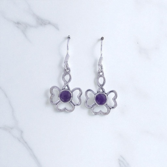 925 Sterling Silver Gemstone Drop Earrings | Openwork Four-Petal Floral Flower Clover Natural Amethyst & Rainbow Moonstone Dangle Earrings (MYS E87) 925 Sterling Silver Gemstone Drop Earrings | Openwork Four-Petal Floral Flower Clover Natural Amethyst & Rainbow Moonstone Dangle Earrings (MYS E87)