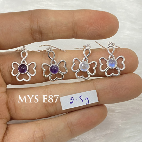 925 Sterling Silver Gemstone Drop Earrings | Openwork Four-Petal Floral Flower Clover Natural Amethyst & Rainbow Moonstone Dangle Earrings (MYS E87) 925 Sterling Silver Gemstone Drop Earrings | Openwork Four-Petal Floral Flower Clover Natural Amethyst & Rainbow Moonstone Dangle Earrings (MYS E87)