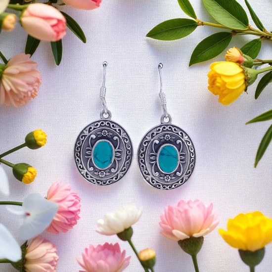 925 Sterling Silver Gemstone Drop Earrings | Vintage Oval Filigree Scroll Medallion Natural Turquoise & Amethyst Cabochon Dangle Earrings (MYS E92) 925 Sterling Silver Gemstone Drop Earrings | Vintage Oval Filigree Scroll Medallion Natural Turquoise & Amethyst Cabochon Dangle Earrings (MYS E92)
