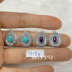 925 Sterling Silver Gemstone Drop Earrings | Vintage Oval Filigree Scroll Medallion Natural Turquoise & Amethyst Cabochon Dangle Earrings (MYS E92)