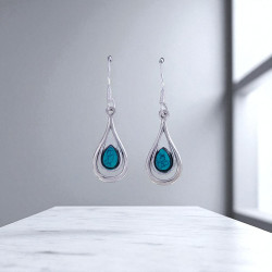 Wholesale 925 Sterling Silver Gemstone Drop Earrings | Minimalist Openwork Nested Teardrop Pear-Cut Natural Turquoise & Rainbow Moonstone Dangle Earrings (MYS E93)