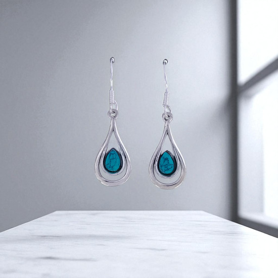 Wholesale 925 Sterling Silver Gemstone Drop Earrings | Minimalist Openwork Nested Teardrop Pear-Cut Natural Turquoise & Rainbow Moonstone Dangle Earrings (MYS E93)
