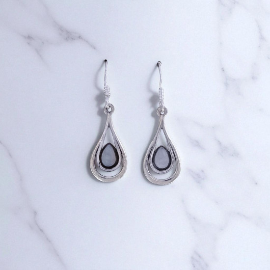Wholesale 925 Sterling Silver Gemstone Drop Earrings | Minimalist Openwork Nested Teardrop Pear-Cut Natural Turquoise & Rainbow Moonstone Dangle Earrings (MYS E93)