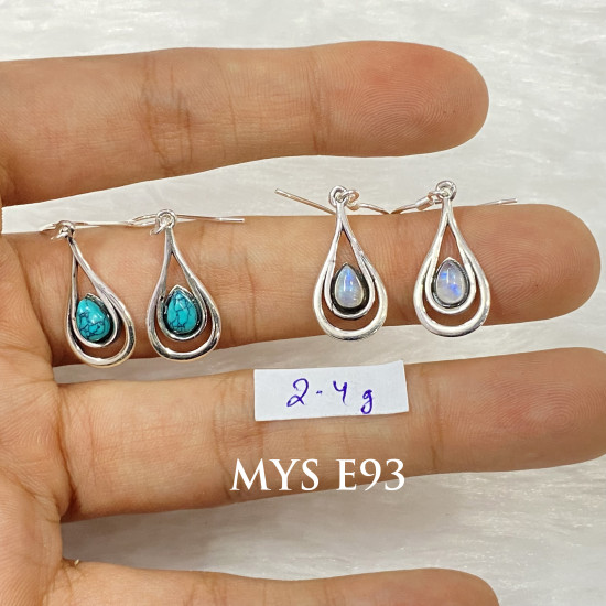 Wholesale 925 Sterling Silver Gemstone Drop Earrings | Minimalist Openwork Nested Teardrop Pear-Cut Natural Turquoise & Rainbow Moonstone Dangle Earrings (MYS E93)