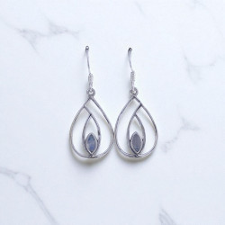 Wholesale 925 Sterling Silver Gemstone Drop Earrings | Minimalist Openwork Nested Double Teardrop Marquise-Cut Natural Amethyst & Rainbow Moonstone Dangle Earrings (MYS E94)