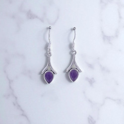 Wholesale 925 Sterling Silver Gemstone Drop Earrings | Minimalist Sculpted Wishbone Chevron Pear-Cut Natural Amethyst & Turquoise Dangle Earrings (MYS E95)