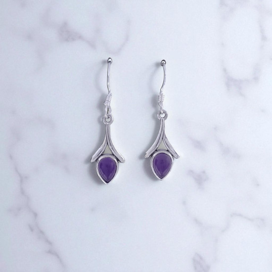 Wholesale 925 Sterling Silver Gemstone Drop Earrings | Minimalist Sculpted Wishbone Chevron Pear-Cut Natural Amethyst & Turquoise Dangle Earrings (MYS E95)