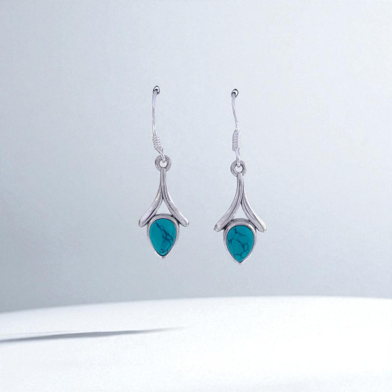 Wholesale 925 Sterling Silver Gemstone Drop Earrings | Minimalist Sculpted Wishbone Chevron Pear-Cut Natural Amethyst & Turquoise Dangle Earrings (MYS E95)