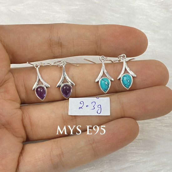 Wholesale 925 Sterling Silver Gemstone Drop Earrings | Minimalist Sculpted Wishbone Chevron Pear-Cut Natural Amethyst & Turquoise Dangle Earrings (MYS E95)