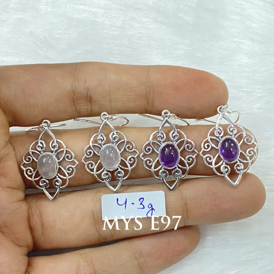 Wholesale 925 Sterling Silver Gemstone Drop Earrings | Vintage Openwork Filigree Scrollwork Mandala Natural Rose Quartz & Amethyst Cabochon Dangle Earrings (MYS E97) Wholesale 925 Sterling Silver Gemstone Drop Earrings | Vintage Openwork Filigree Scrollwork Mandala Natural Rose Quartz & Amethyst Cabochon Dangle Earrings (MYS E97)