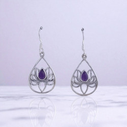 Wholesale 925 Sterling Silver Gemstone Drop Earrings | Sacred Openwork Lotus Flower Teardrop Frame Natural Rainbow Moonstone & Amethyst Dangle Earrings (MYS E98)