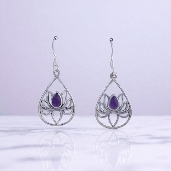 Wholesale 925 Sterling Silver Gemstone Drop Earrings | Sacred Openwork Lotus Flower Teardrop Frame Natural Rainbow Moonstone & Amethyst Dangle Earrings (MYS E98) Wholesale 925 Sterling Silver Gemstone Drop Earrings | Sacred Openwork Lotus Flower Teardrop Frame Natural Rainbow Moonstone & Amethyst Dangle Earrings (MYS E98)