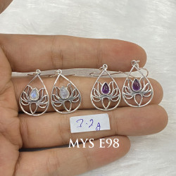 Wholesale 925 Sterling Silver Gemstone Drop Earrings | Sacred Openwork Lotus Flower Teardrop Frame Natural Rainbow Moonstone & Amethyst Dangle Earrings (MYS E98)