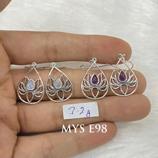 Wholesale 925 Sterling Silver Gemstone Drop Earrings | Sacred Openwork Lotus Flower Teardrop Frame Natural Rainbow Moonstone & Amethyst Dangle Earrings (MYS E98) Wholesale 925 Sterling Silver Gemstone Drop Earrings | Sacred Openwork Lotus Flower Teardrop Frame Natural Rainbow Moonstone & Amethyst Dangle Earrings (MYS E98)