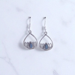 Wholesale 925 Sterling Silver Gemstone Drop Earrings | Sacred Openwork Lotus Flower Teardrop Frame Natural Rose Quartz & Rainbow Moonstone Dangle Earrings (MYS E99)