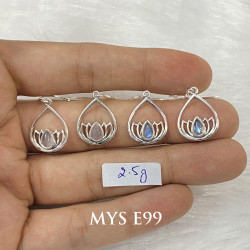 Wholesale 925 Sterling Silver Gemstone Drop Earrings | Sacred Openwork Lotus Flower Teardrop Frame Natural Rose Quartz & Rainbow Moonstone Dangle Earrings (MYS E99)