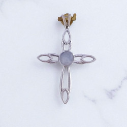 Wholesale 925 Sterling Silver Gemstone Pendant | Elegant Openwork Celtic Marquise Cross Natural Rose Quartz & Rainbow Moonstone Charm (MYS P1)