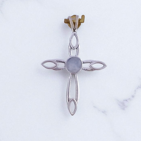 Wholesale 925 Sterling Silver Gemstone Pendant | Elegant Openwork Celtic Marquise Cross Natural Rose Quartz & Rainbow Moonstone Charm (MYS P1)