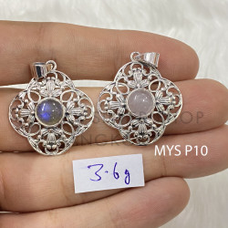 925 Sterling Silver Gemstone Pendant | Vintage Openwork Quatrefoil Filigree Lace Floral Natural Labradorite & Rose Quartz Medallion Charm (MYS P10)