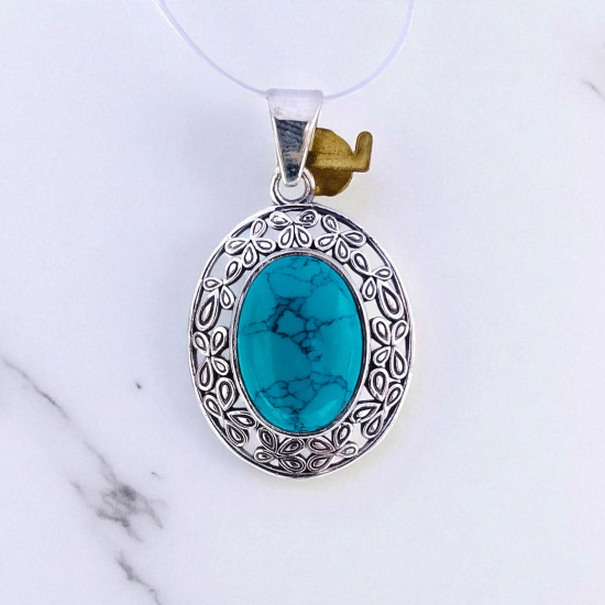 Wholesale 925 Sterling Silver Gemstone Pendant | Botanical Oval Openwork Leaf Petal Wreath Halo Natural Turquoise & Labradorite Charm (MYS P12) Wholesale 925 Sterling Silver Gemstone Pendant | Botanical Oval Openwork Leaf Petal Wreath Halo Natural Turquoise & Labradorite Charm (MYS P12)
