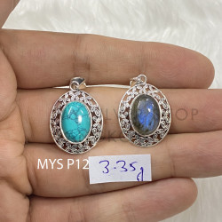 Wholesale 925 Sterling Silver Gemstone Pendant | Botanical Oval Openwork Leaf Petal Wreath Halo Natural Turquoise & Labradorite Charm (MYS P12)