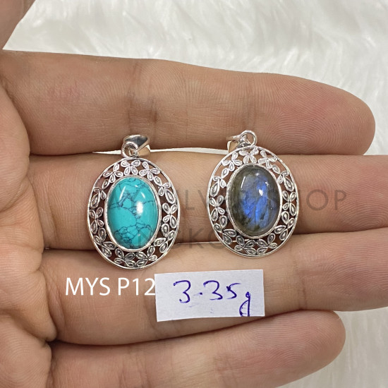 Wholesale 925 Sterling Silver Gemstone Pendant | Botanical Oval Openwork Leaf Petal Wreath Halo Natural Turquoise & Labradorite Charm (MYS P12) Wholesale 925 Sterling Silver Gemstone Pendant | Botanical Oval Openwork Leaf Petal Wreath Halo Natural Turquoise & Labradorite Charm (MYS P12)