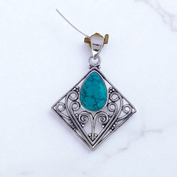 25 Sterling Silver Gemstone Pendant | Geometric Diamond Rhombus Filigree Scrollwork Pear-Cut Natural Turquoise & Labradorite Statement Charm (MYS P13) 25 Sterling Silver Gemstone Pendant | Geometric Diamond Rhombus Filigree Scrollwork Pear-Cut Natural Turquoise & Labradorite Statement Charm (MYS P13)