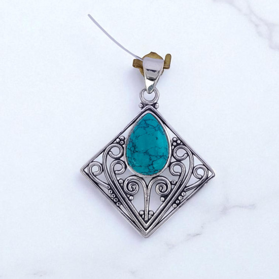 25 Sterling Silver Gemstone Pendant | Geometric Diamond Rhombus Filigree Scrollwork Pear-Cut Natural Turquoise & Labradorite Statement Charm (MYS P13) 25 Sterling Silver Gemstone Pendant | Geometric Diamond Rhombus Filigree Scrollwork Pear-Cut Natural Turquoise & Labradorite Statement Charm (MYS P13)