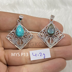 25 Sterling Silver Gemstone Pendant | Geometric Diamond Rhombus Filigree Scrollwork Pear-Cut Natural Turquoise & Labradorite Statement Charm (MYS P13)